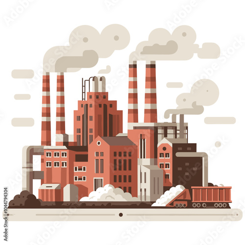 Industrial factory illustration in warm earthy tones, environmental poster or editorial use