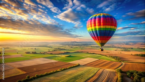 Vibrant hot air balloon flying above scenic landscape