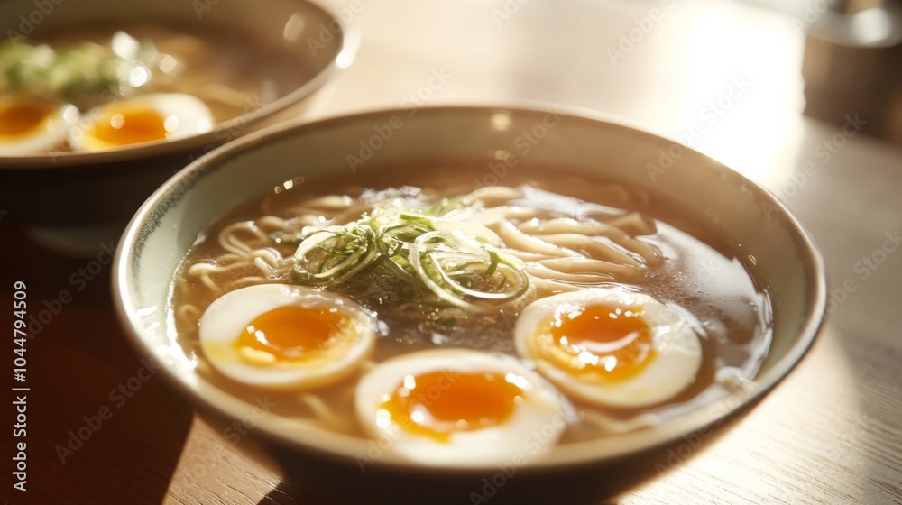 Ramen Bowls with Soft Boiled Eggs in Modern Kitchen Ramen Bowls with Soft Boiled Eggs in Modern Kitchen