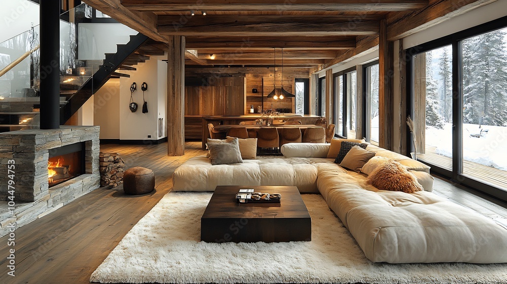 Rusticmodern living room with natural wood accents a plush beige sectional a dark brown coffee table and a large stone fireplace The earthy color palette complements the cozy lighting Rusticmodern living room with natural wood accents a plush beige sectional a dark brown coffee table and a large stone fireplace The earthy color palette complements the cozy lighting