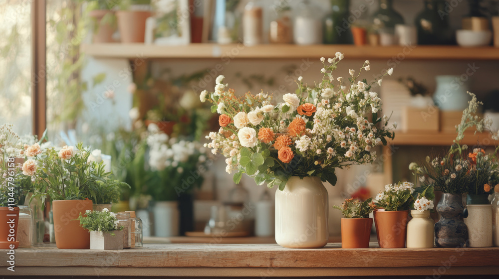 A beautiful arrangement of flowers in cozy floral shop, showcasing vibrant blooms in various pots. warm atmosphere invites sense of tranquility and joy A beautiful arrangement of flowers in cozy floral shop, showcasing vibrant blooms in various pots. warm atmosphere invites sense of tranquility and joy