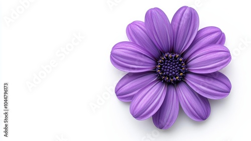 A single purple daisy with striking detail, set against a pure white background, vibrant color contrast, showcasing the flower's natural beauty