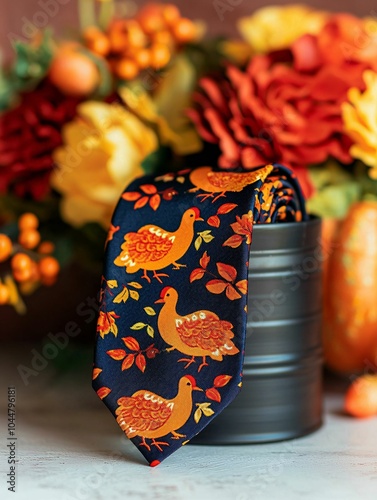 A vibrant, patterned tie featuring colorful turkeys and autumn leaves, set against a backdrop of warm seasonal flowers and decor. photo