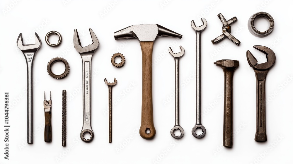 Top view of neatly arranged collection of tools, including hammer, wrench, pliers, and screwdriver, laid out in perfect symmetry on a clean white background Top view of neatly arranged collection of tools, including hammer, wrench, pliers, and screwdriver, laid out in perfect symmetry on a clean white background