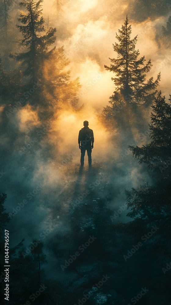Man in the Mist: A Serene Forest Landscape Man in the Mist: A Serene Forest Landscape