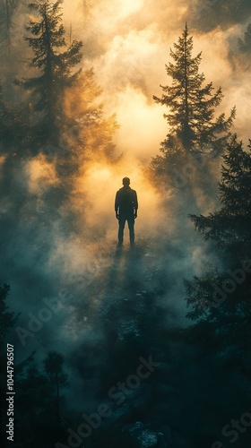 Man in the Mist: A Serene Forest Landscape