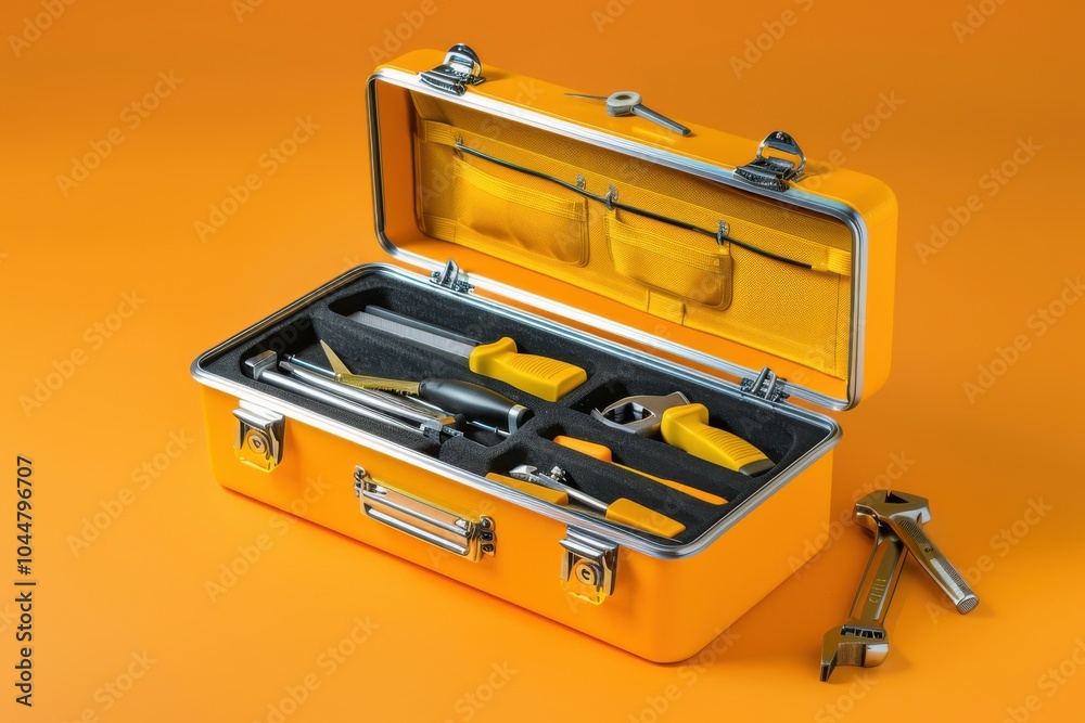 A yellow toolbox filled with assorted tools on a vibrant orange background A yellow toolbox filled with assorted tools on a vibrant orange background