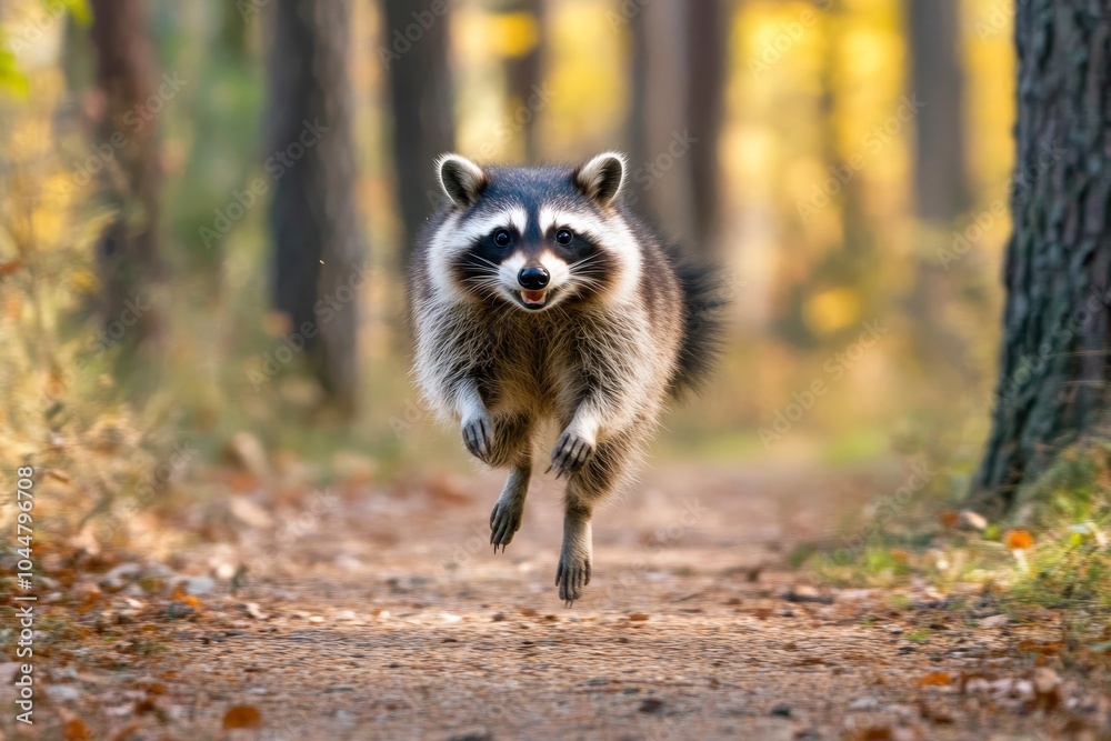 Fototapeta premium In the Heart of the Forest, a Raccoon Leaps Joyfully, Capturing the Spirit of Adventure Amidst Nature's Vibrant Autumn Palette.