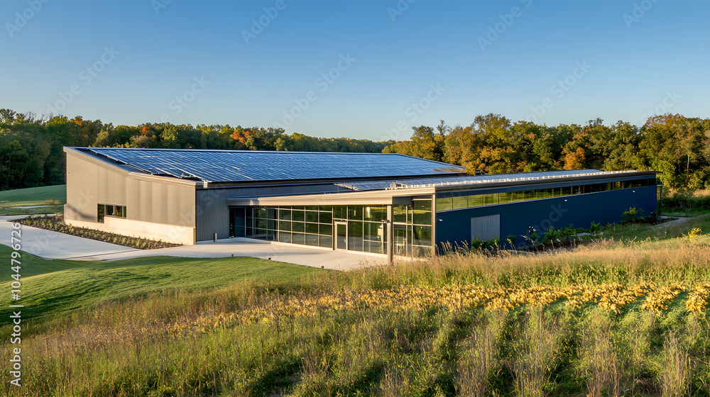 A modern harvest storage facility designed for efficiency, featuring solar panels and eco-friendly materials for Thanksgiving. A modern harvest storage facility designed for efficiency, featuring solar panels and eco-friendly materials for Thanksgiving.
