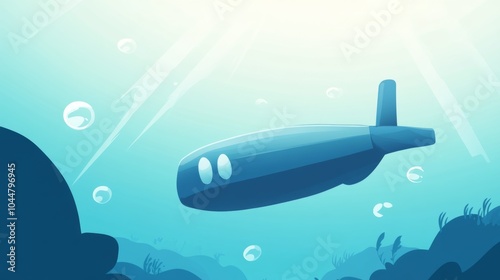 A cartoon submarine in a blue ocean.