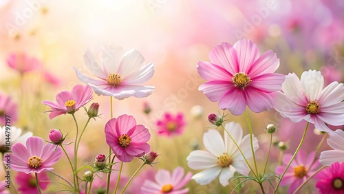 Silhouette pink and white cosmos flowers with soft pastel background