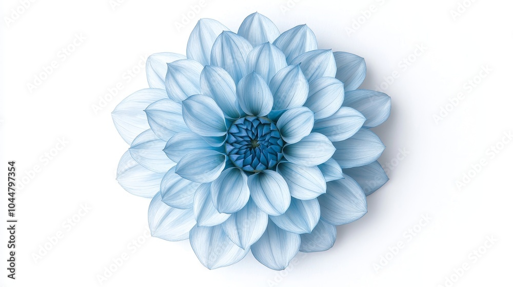 Fototapeta premium Fully bloomed blue Dahlia with a perfect radial petal arrangement, isolated on a clean white background, soft shadows adding depth to the petals