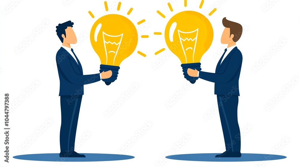 Two businessmen exchanging lightbulbs, symbolizing idea sharing and collaboration, white isolated background. Two businessmen exchanging lightbulbs, symbolizing idea sharing and collaboration, white isolated background.