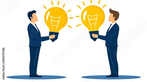 Two businessmen exchanging lightbulbs, symbolizing idea sharing and collaboration, white isolated background.