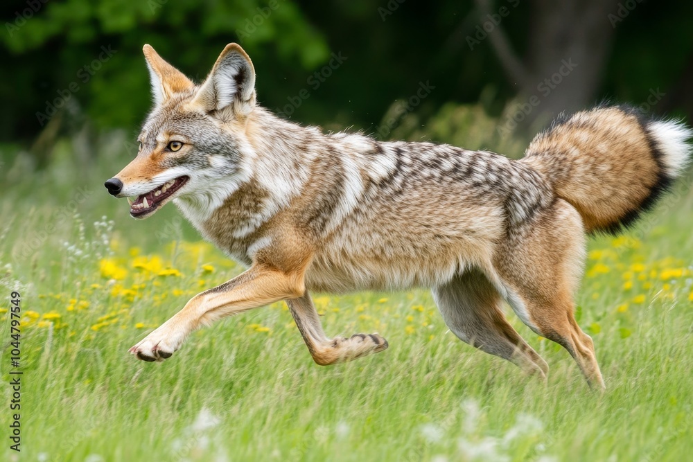 Fototapeta premium A graceful coyote joyfully bounds across a vibrant meadow, embodying the spirit of the wild and showcasing nature's beauty in motion.