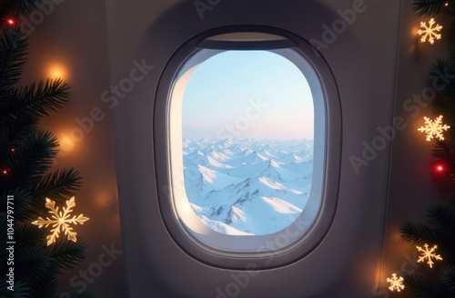 airplane window with a snow-covered landscape visible outside