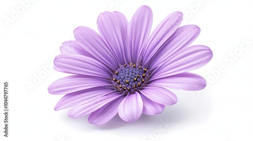 Close-up of a purple osteospermum daisy, petals radiating outward with intricate detail, isolated on a crisp white surface, soft lighting for clarity