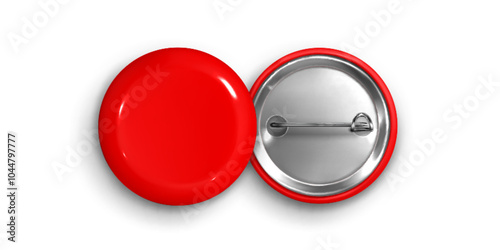 Mockup of red round blank pin badge displaying back view with metallic clasp and smooth surface ready for customization. Realistic 3d vector brooch template for visualizing or branding concept.