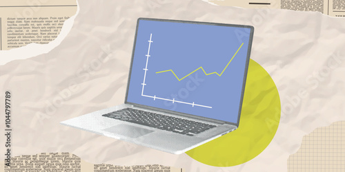 Contemporary Halftone Collage Laptop for investments concept, marketing, trading. Online Stock banner with finance elements, graph money. Vertical invest or business poster. Vector illustration.