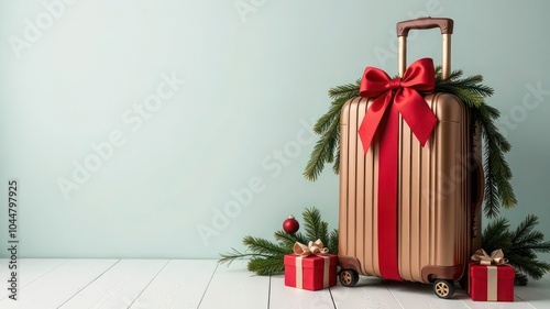 suitcase draped with festive garland and tied with decorative bows, with holiday items, copy space