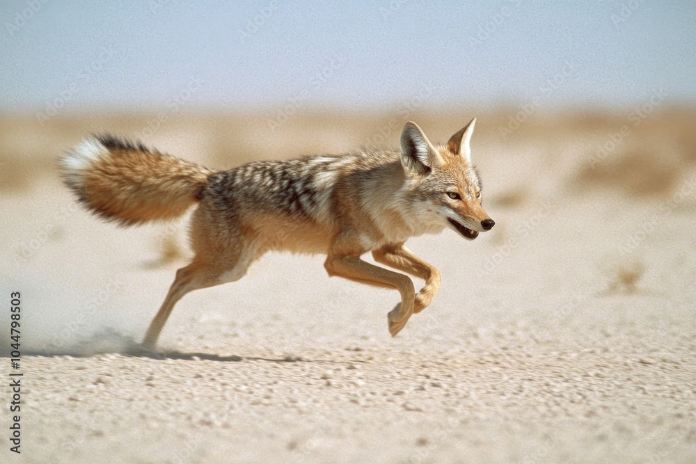 Obraz premium A Coyote Dashes Across the Open Desert, Capturing the Essence of Wild Freedom and Unmatched Agility in Nature's Arid Landscape.