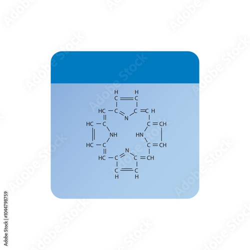 Diagram of Porphin molecule chemical molecular structure, featuring rings and substitutions. Scientific schematic diagram. skeletal structure diagram. compound molecule scientific illustration.