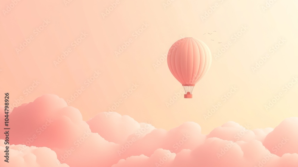 Obraz premium A single hot air balloon floats above fluffy pink clouds against a soft, pastel sky.