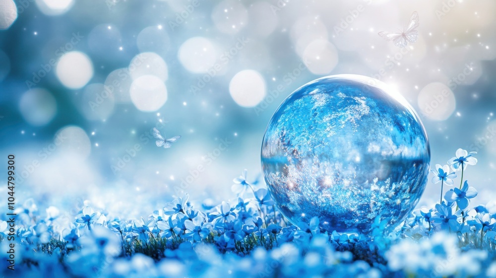 A sparkling glass globe of Earth surrounded by forget-me-nots on a shimmering silver background filled with stars A sparkling glass globe of Earth surrounded by forget-me-nots on a shimmering silver background filled with stars