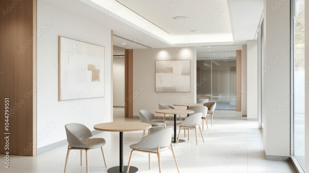 Modern interior design featuring spacious lounge area with minimalist decor, light wood accents, and soft seating arrangements. ambiance is calm and inviting, perfect for relaxation Modern interior design featuring spacious lounge area with minimalist decor, light wood accents, and soft seating arrangements. ambiance is calm and inviting, perfect for relaxation