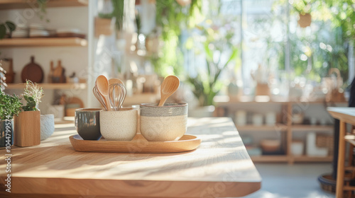 A cozy kitchen scene featuring ceramic bowls and wooden utensils on wooden table, surrounded by greenery and natural light, creating warm and inviting atmosphere