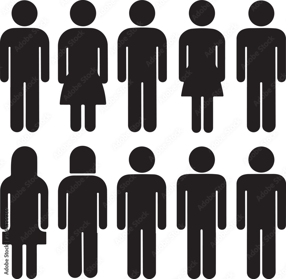 A vector illustration of a silhouette set of a person with no face expression. The background is white. A vector illustration of a silhouette set of a person with no face expression. The background is white.