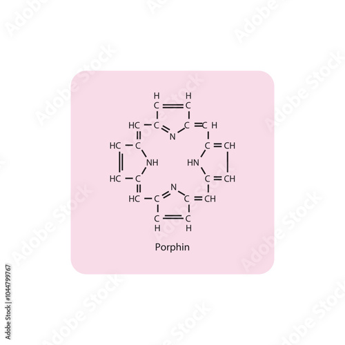 Diagram of Porphin molecule chemical molecular structure, featuring rings and substitutions. Scientific schematic diagram. skeletal structure diagram. compound molecule scientific illustration.