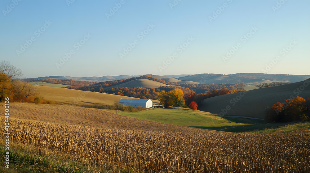 Obraz premium A picturesque harvest storage area with a backdrop of rolling hills and a clear blue sky, perfect for Thanksgiving.
