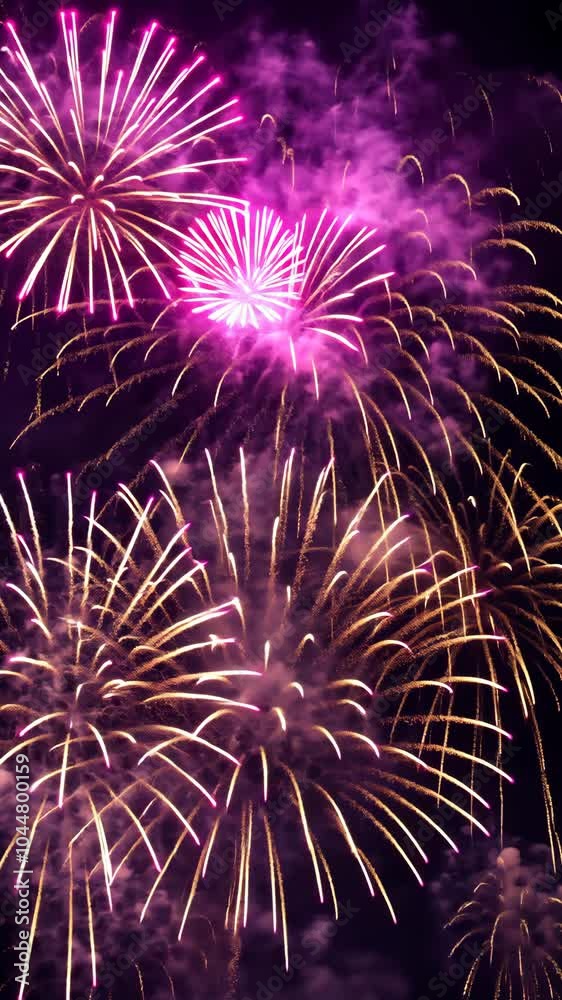 Vibrant fireworks display with pink and purple explosions in night sky, celebration concept