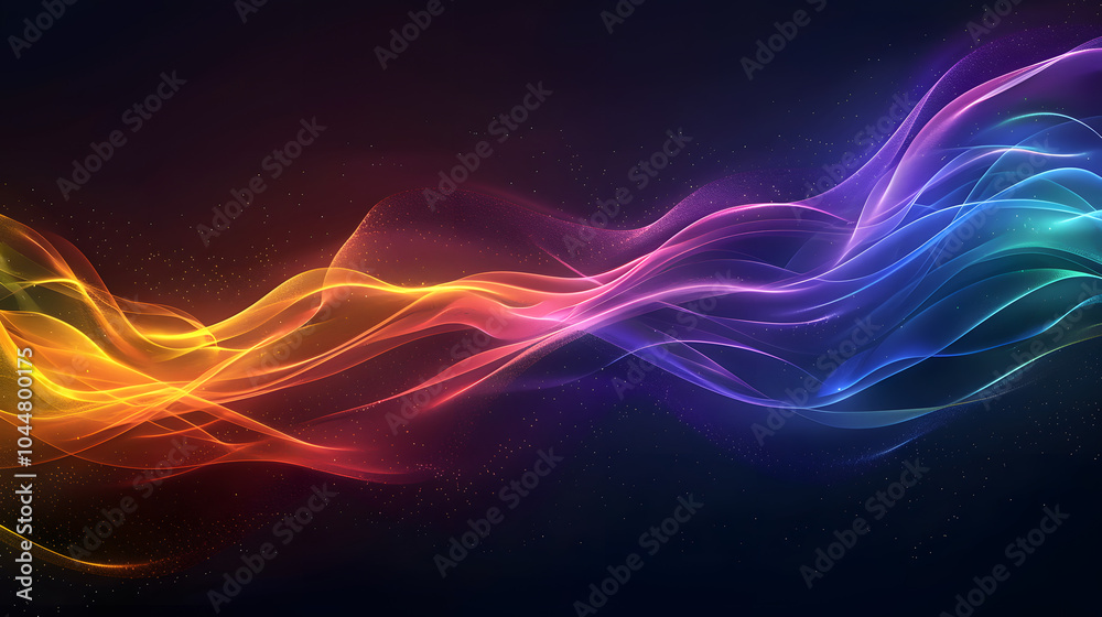 Fototapeta premium Dark grainy color gradient wave background, purple red yellow blue green colors banner poster cover abstract design, black copy space