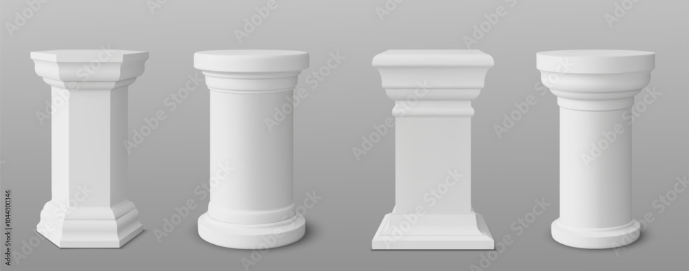 Four square, hexagon and round white columns with unique base and top design. Realistic 3d vector set of antique sculpture stage for product displays or podiums. Modern elegant goods showcase. Four square, hexagon and round white columns with unique base and top design. Realistic 3d vector set of antique sculpture stage for product displays or podiums. Modern elegant goods showcase.