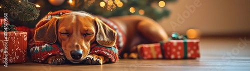A dachshund in a holidaythemed sweater, curled up next to a Christmas tree with presents, soft indoor lighting, closeup view, cozy warm tones, highly detailed photorealism