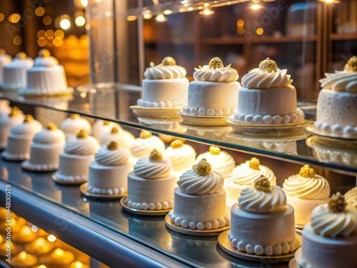 Wallpaper Mural Elegant White Cakes Glowing in a Pastry Shop Window - Low Light Photography, Dessert Display, Bakery, Sweet Treats, Gourmet Pastries, Serene Ambiance, Artistic Composition Torontodigital.ca
