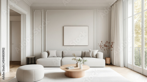 A modern living room featuring light color palette, minimalist furniture, and large windows that allow natural light to fill space. cozy atmosphere is enhanced by soft textures and elegant decor