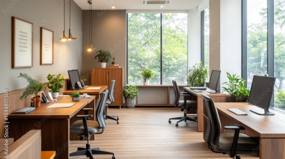 A modern office space featuring wooden desks, ergonomic chairs, and abundant greenery. large windows allow natural light to illuminate workspace, creating productive and inviting atmosphere A modern office space featuring wooden desks, ergonomic chairs, and abundant greenery. large windows allow natural light to illuminate workspace, creating productive and inviting atmosphere
