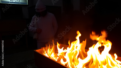 A burning coffin at the crematorium photo