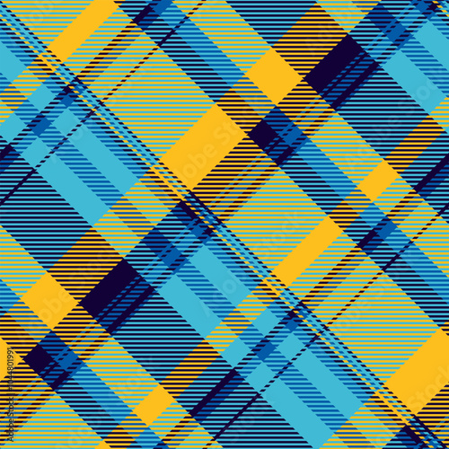 Individuality tartan texture background, november pattern check textile. Craft seamless fabric vector plaid in cyan and amber colors.