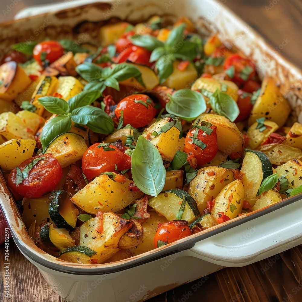 A dish of briam, a baked vegetable medley with potatoes, zucchini, and tomatoes, garnished with fresh basil