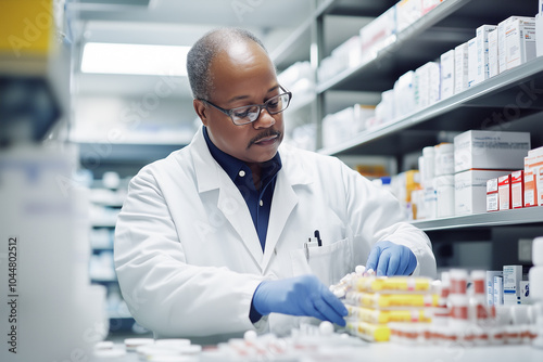 Pharmacist preparing medications in sterile hospital environment
