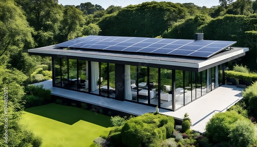 Modern Glass House with Solar Panels in Lush Greenery
