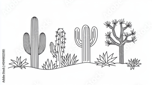 Minimalistic Line Art of Cacti and Desert Plants