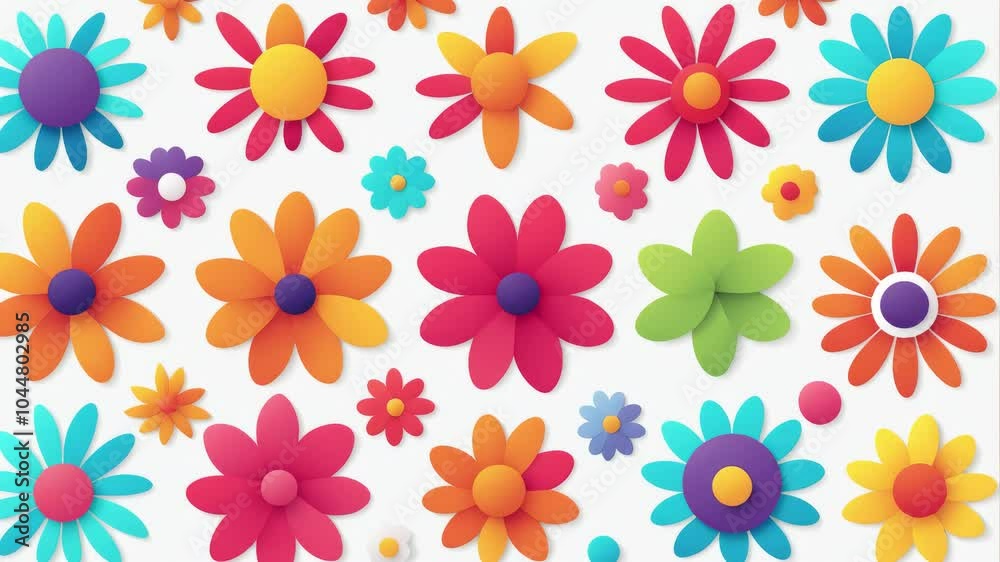Stop motion loop cartoon animation, background with multicolored flowers in different sizes, abstract etnic background Stop motion loop cartoon animation, background with multicolored flowers in different sizes, abstract etnic background