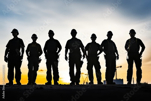 Group of male construction workers silhouetted against a sunset sky.