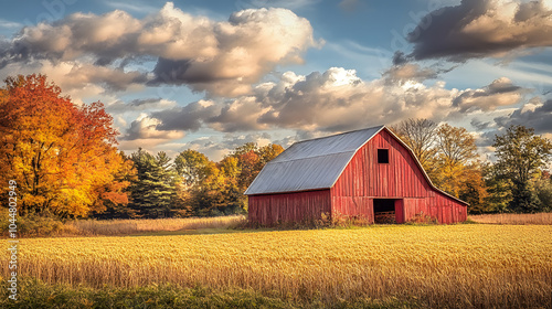 A quaint harvest storage barn surrounded by golden fields, showcasing the abundance of the Thanksgiving season.