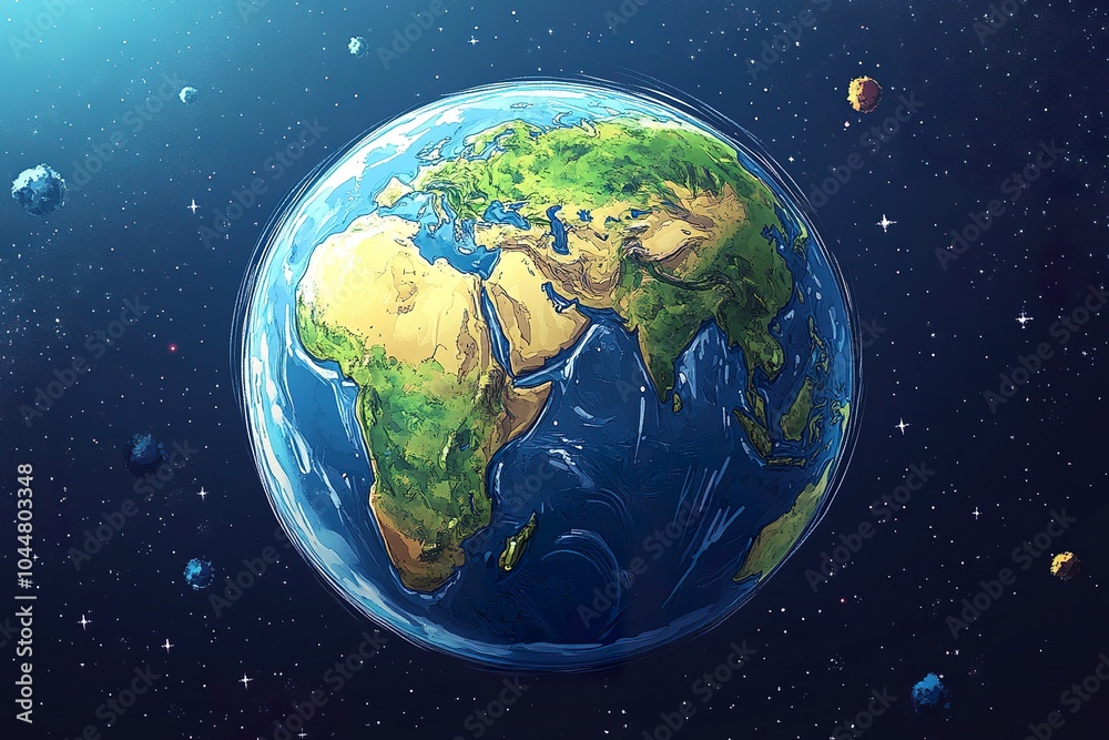 Fototapeta premium Cartoon Earth with Exaggerated Continents and Vibrant Colors - Perfect for Educational Illustrations or Fun Designs